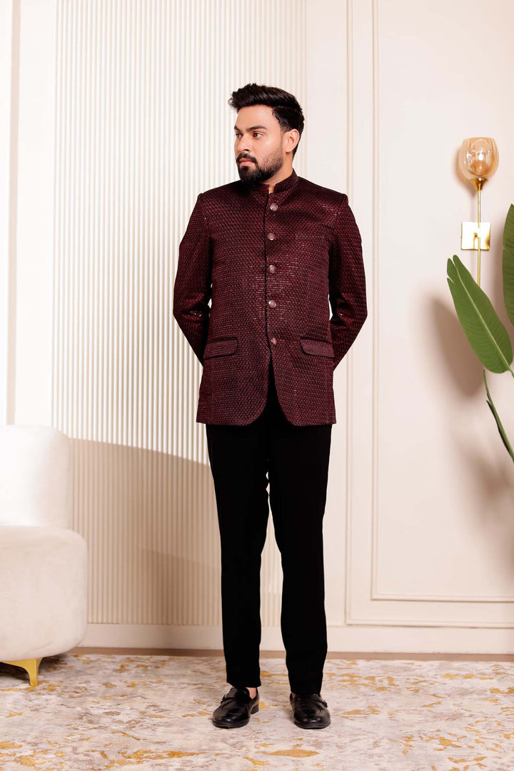 Maroon Velvet Sequins Embroidered Jodhpuri Suit.