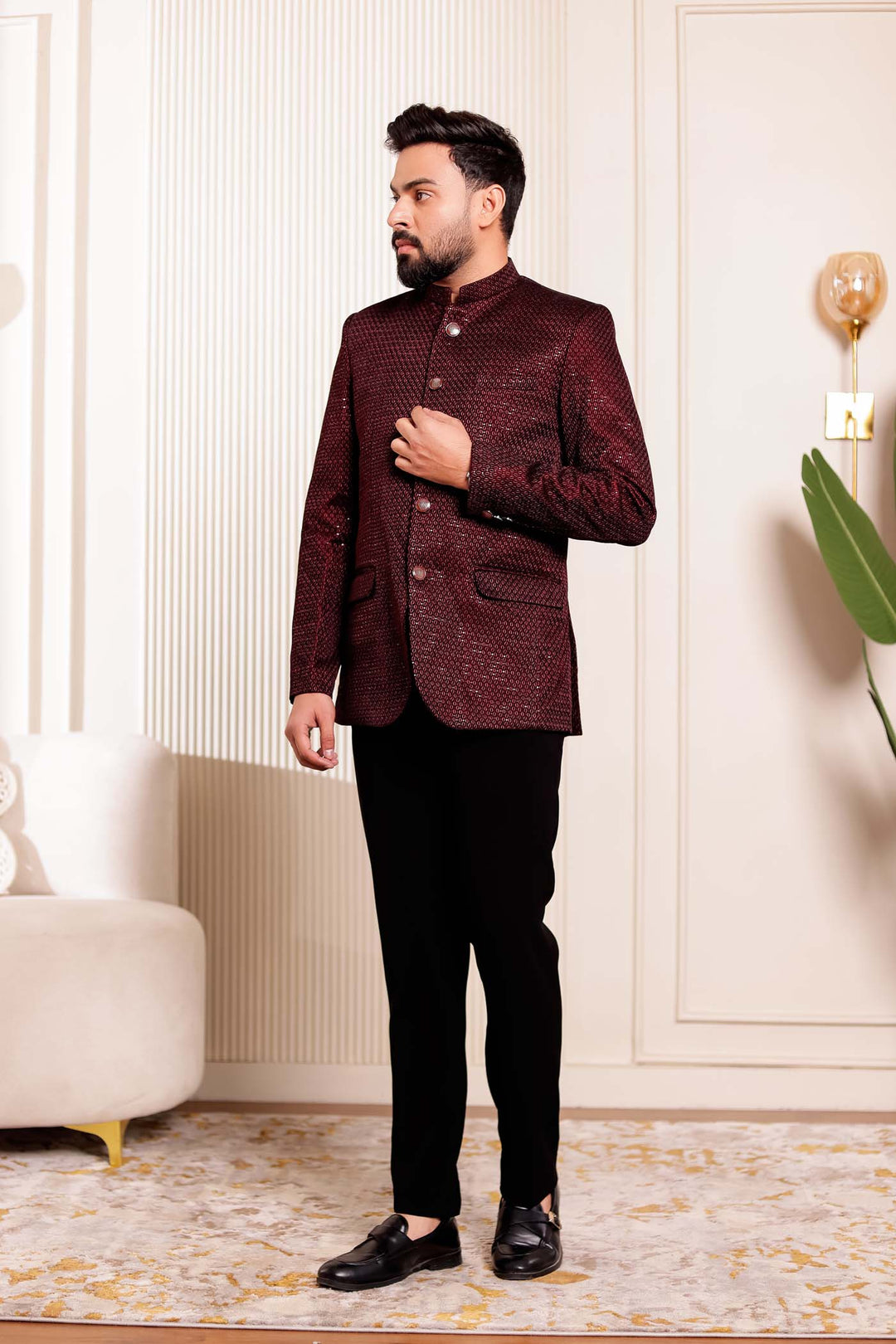 Maroon Velvet Sequins Embroidered Jodhpuri Suit.