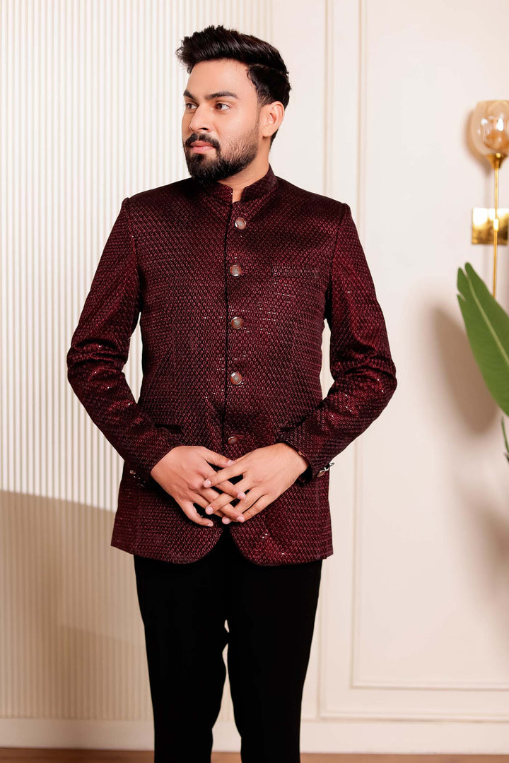 Maroon Velvet Sequins Embroidered Jodhpuri Suit.