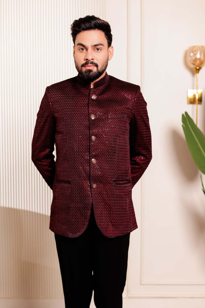 Maroon Velvet Sequins Embroidered Jodhpuri Suit.