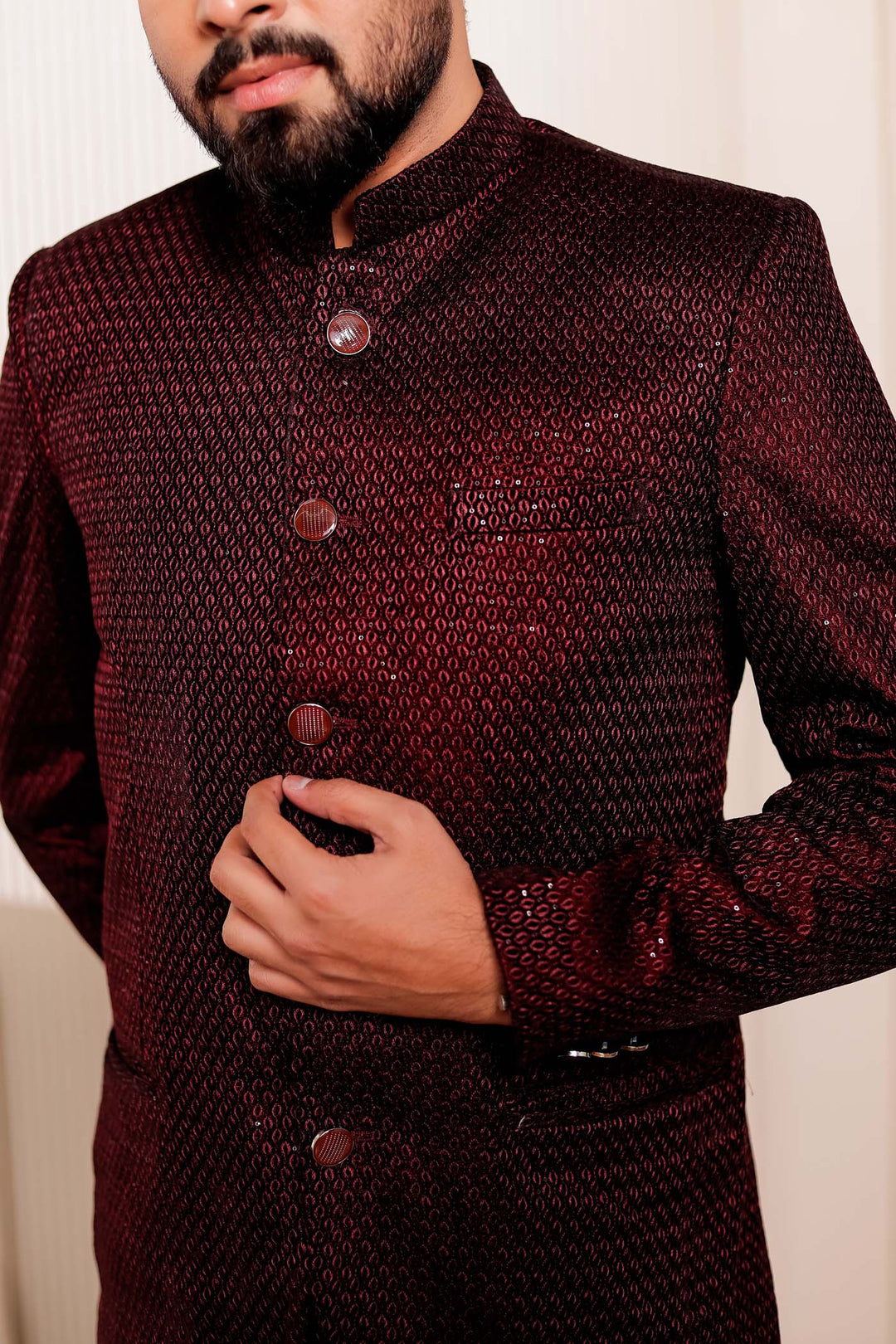 Maroon Velvet Sequins Embroidered Jodhpuri Suit.