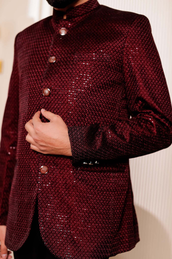 Maroon Velvet Sequins Embroidered Jodhpuri Suit.