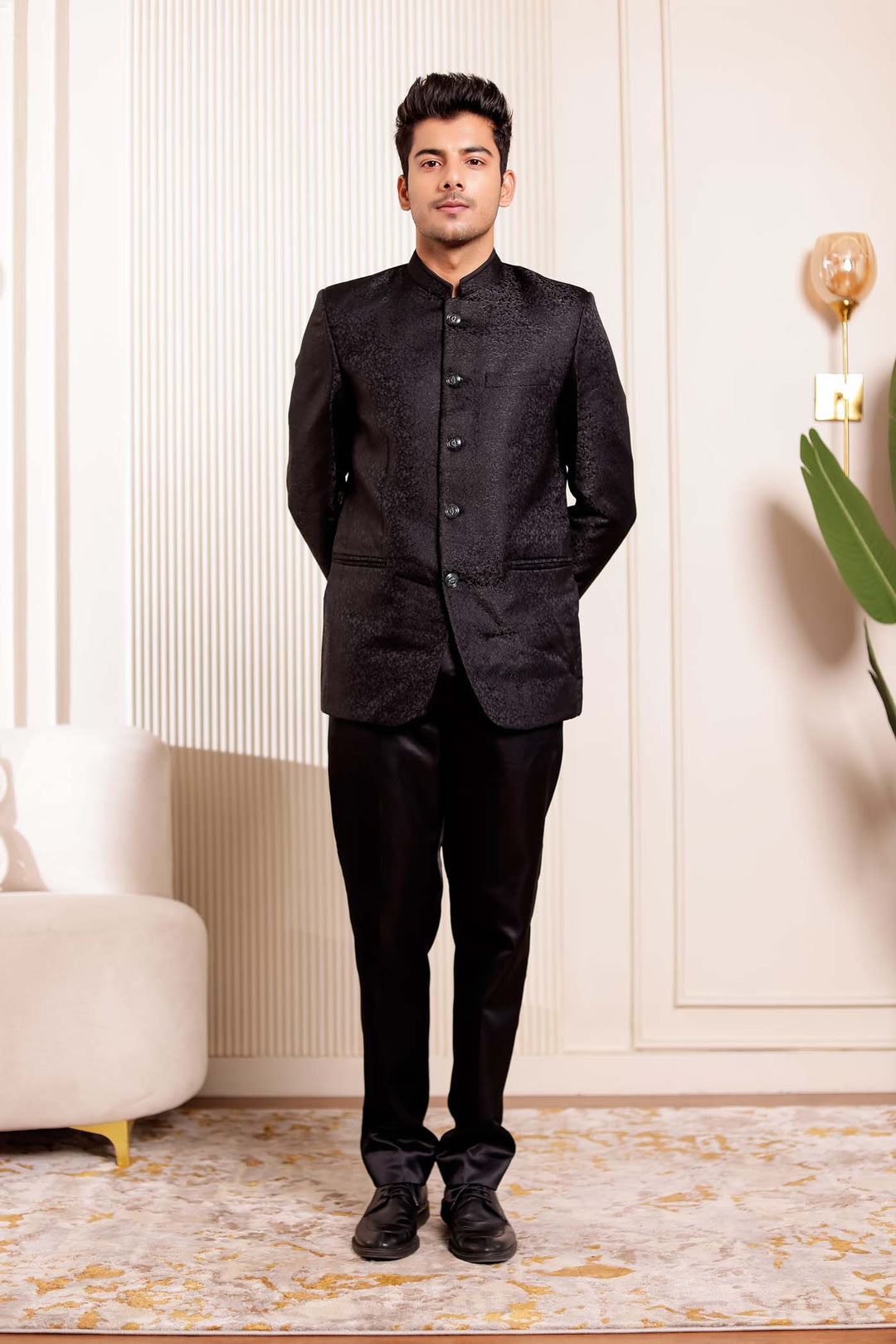 Black Brocade Silk Jodhpuri Suit.