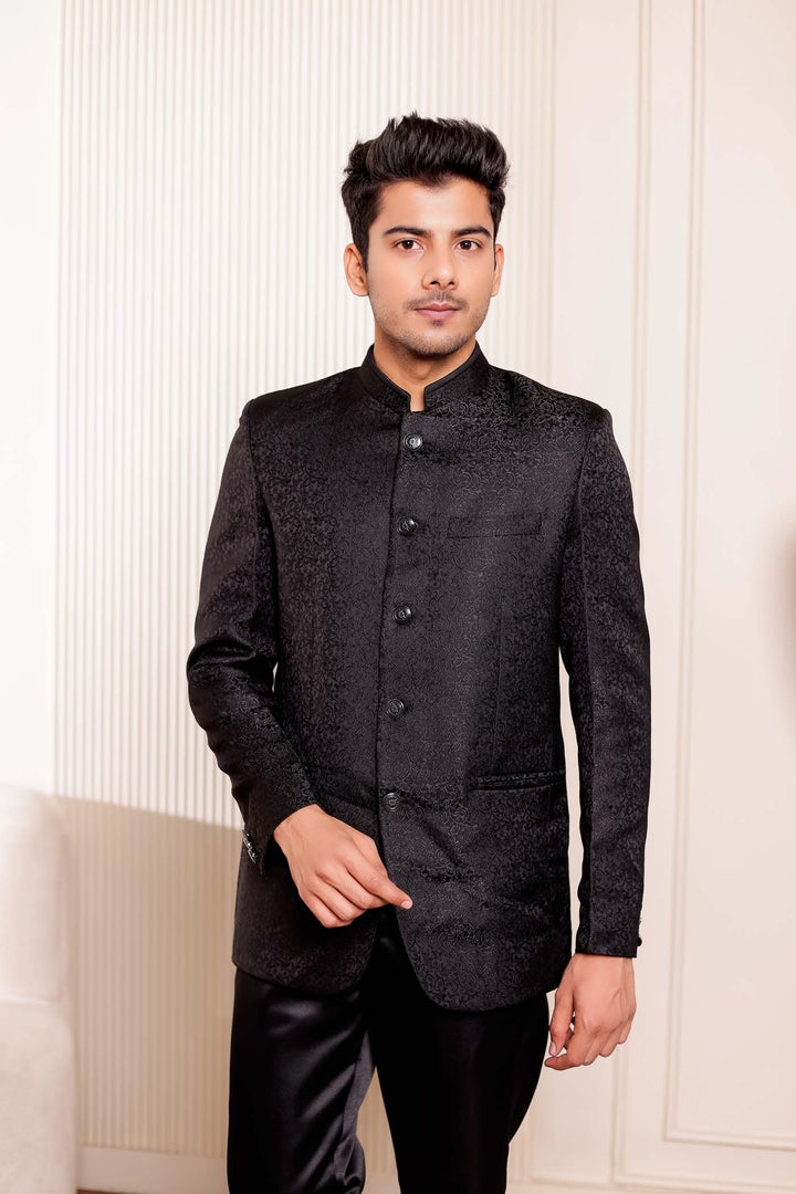 Black Brocade Silk Jodhpuri Suit.