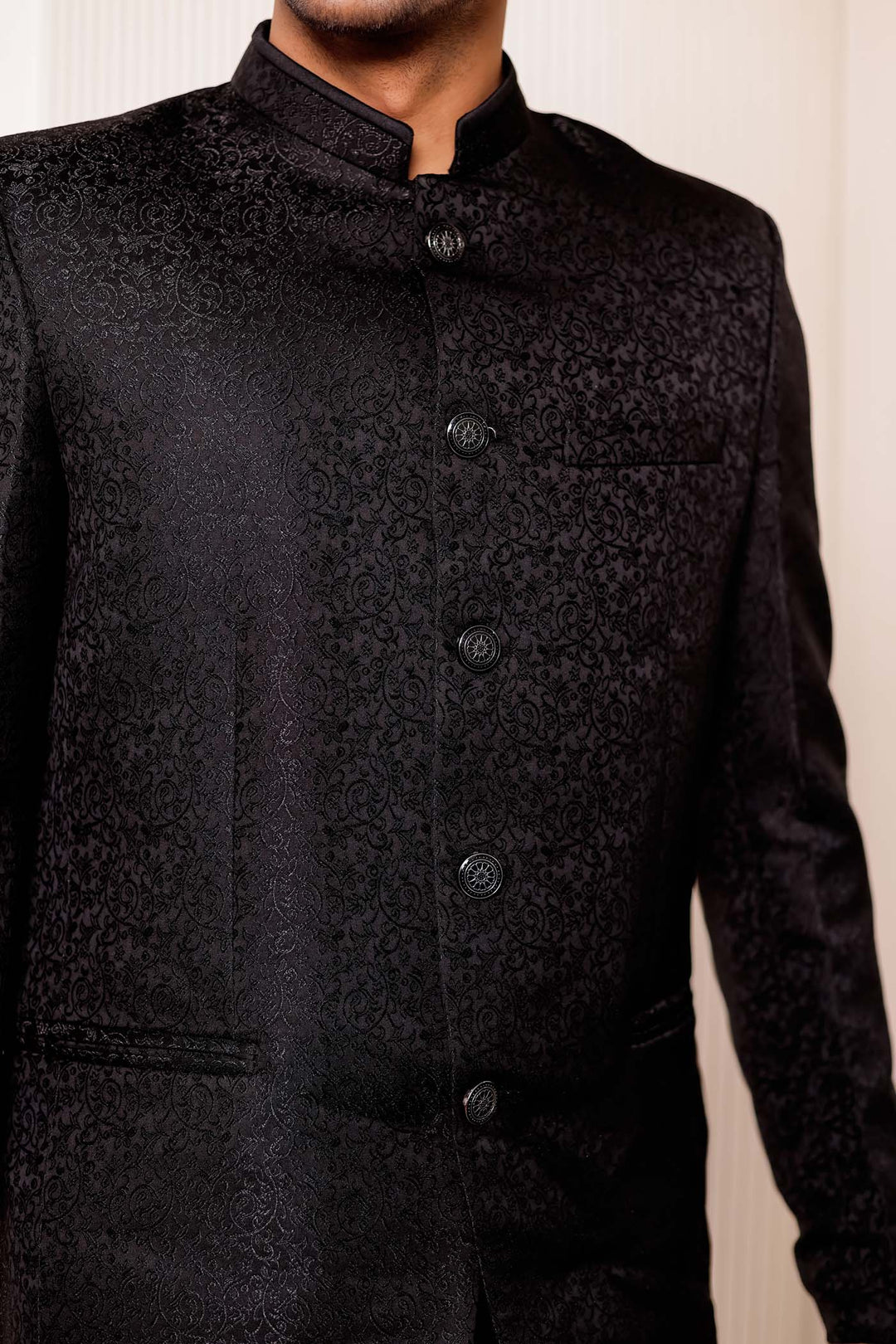 Black Brocade Silk Jodhpuri Suit.