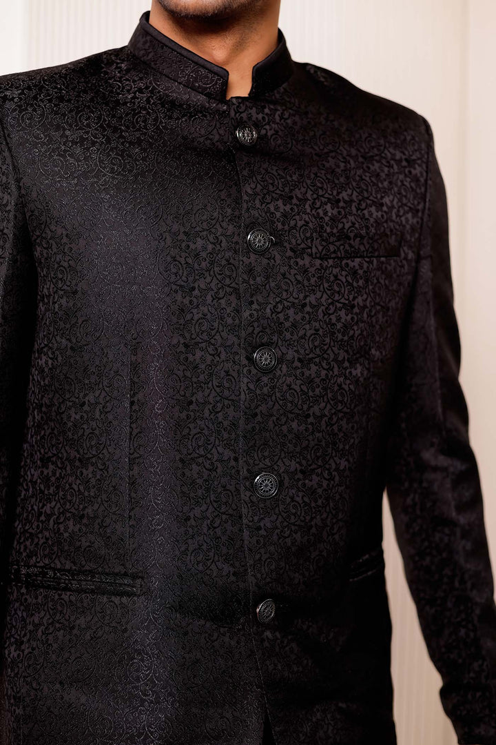 Black Brocade Silk Jodhpuri Suit.