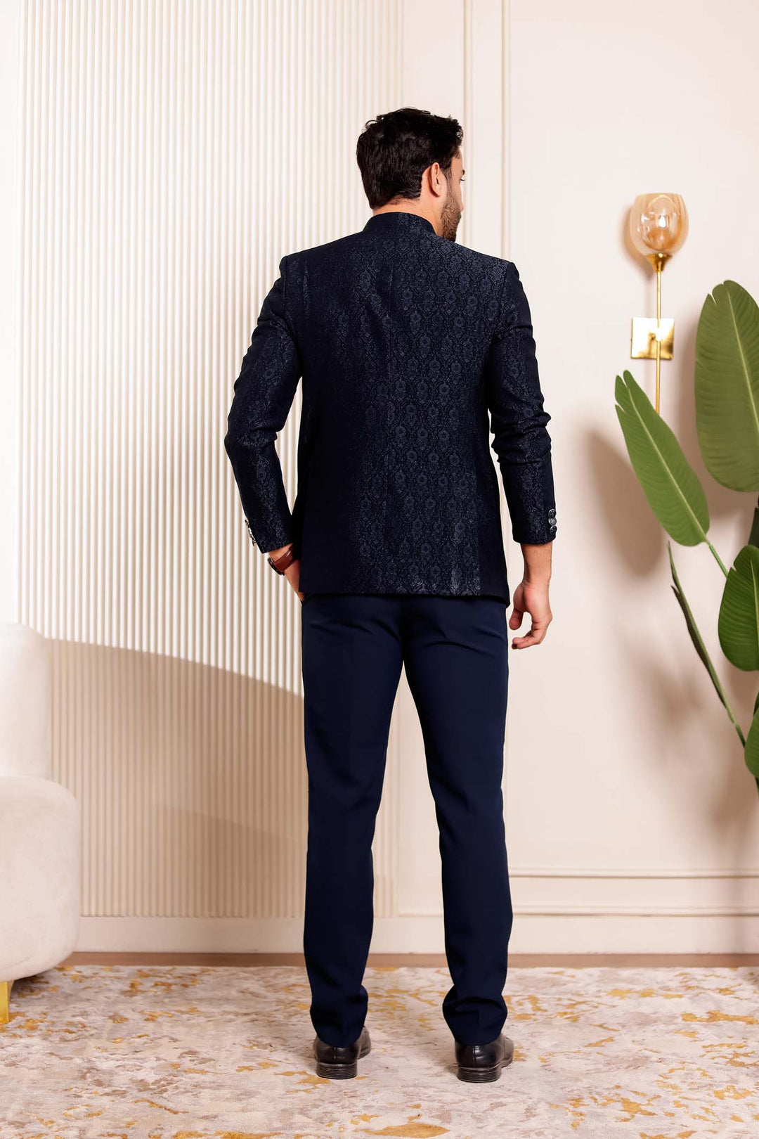 Navy Blue Brocade Silk 3pcs Style Jodhpuri Suit.