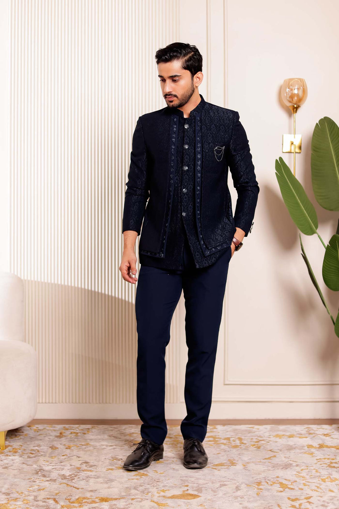 Navy Blue Brocade Silk 3pcs Style Jodhpuri Suit.