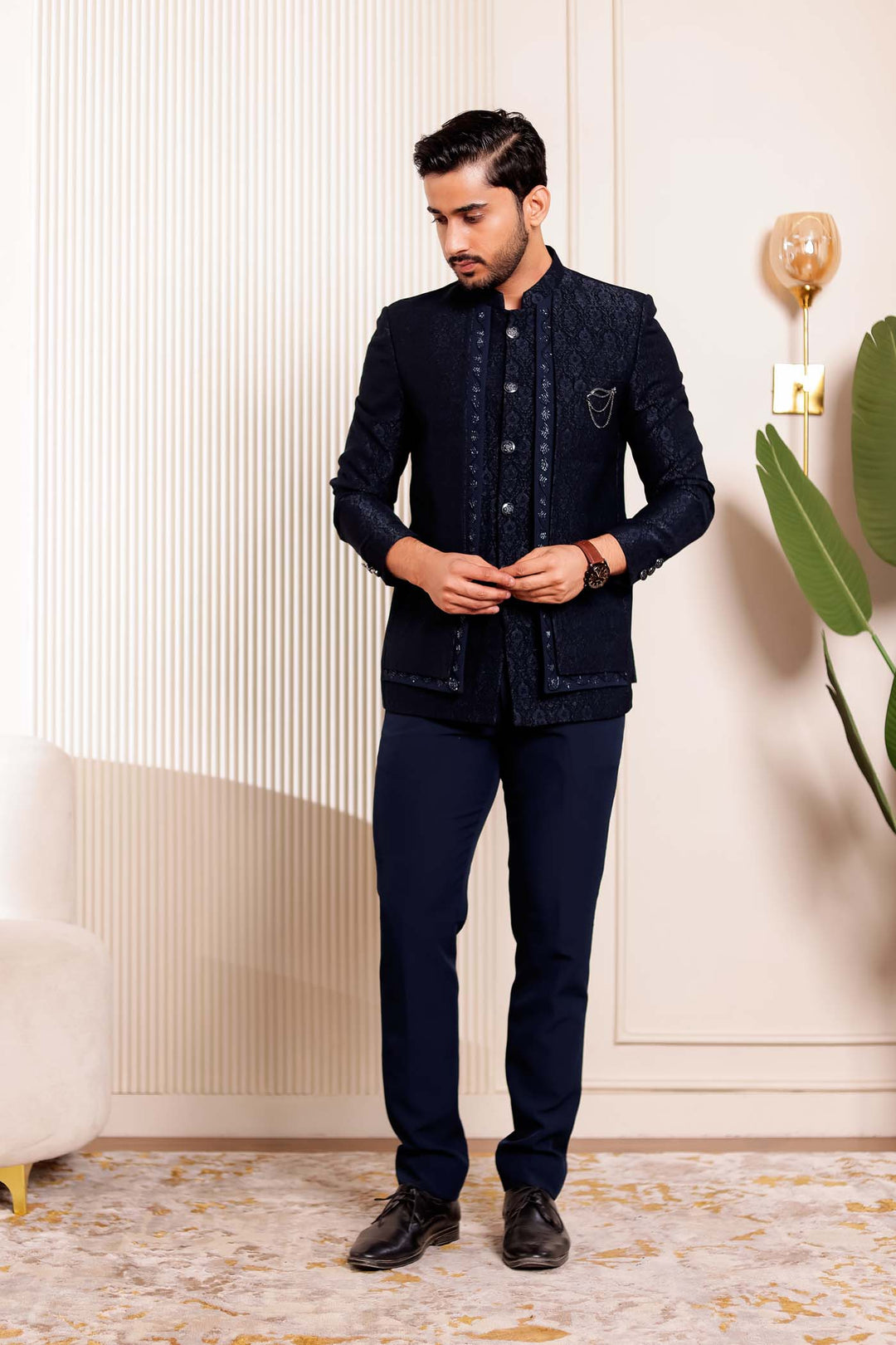 Navy Blue Brocade Silk 3pcs Style Jodhpuri Suit.