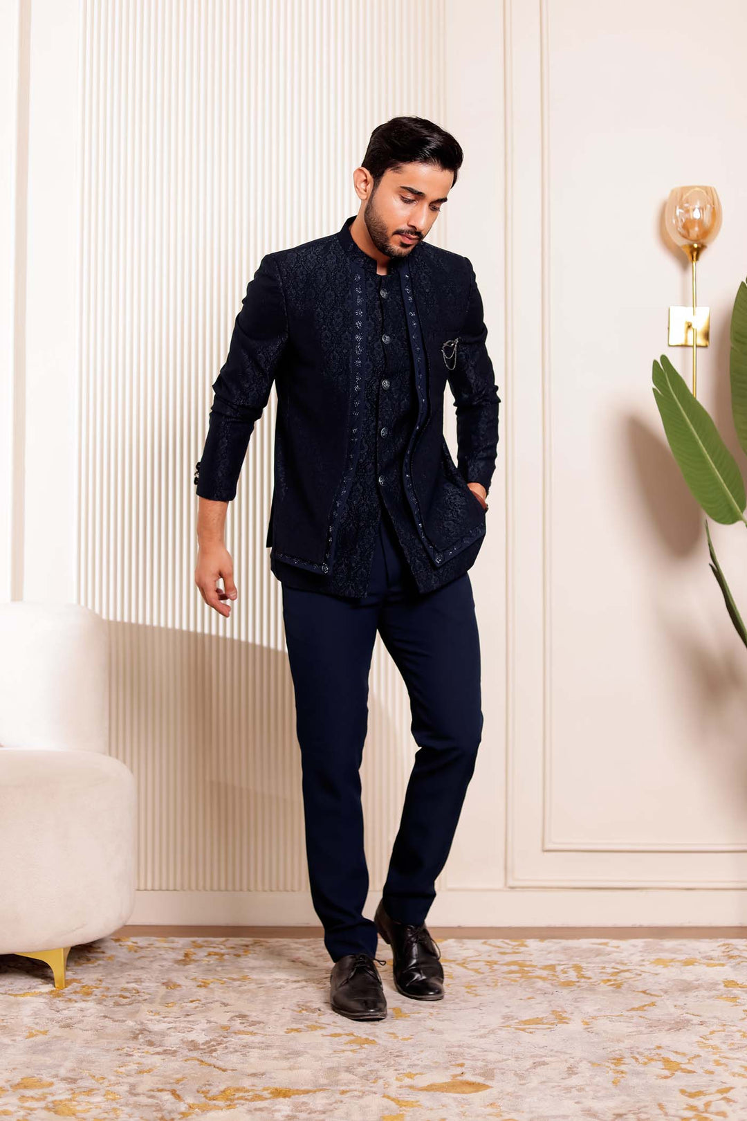 Navy Blue Brocade Silk 3pcs Style Jodhpuri Suit.
