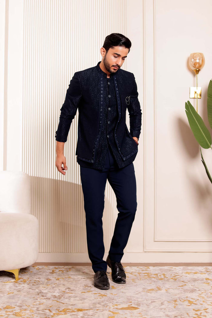 Navy Blue Brocade Silk 3pcs Style Jodhpuri Suit.
