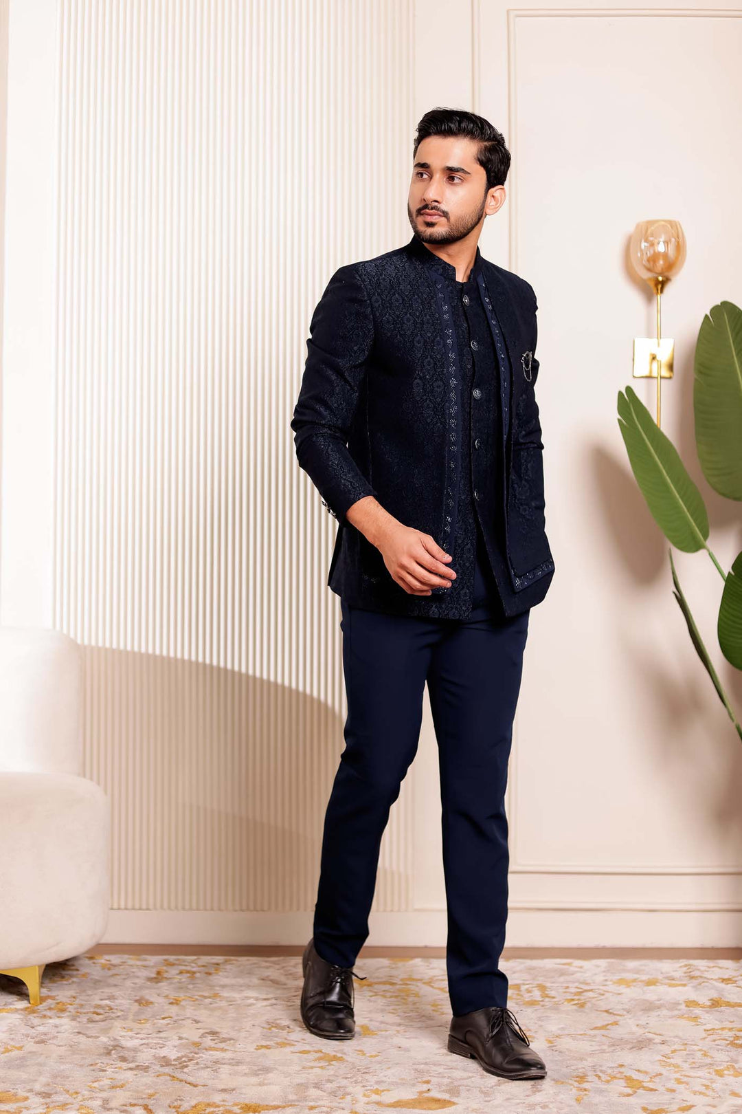 Navy Blue Brocade Silk 3pcs Style Jodhpuri Suit.