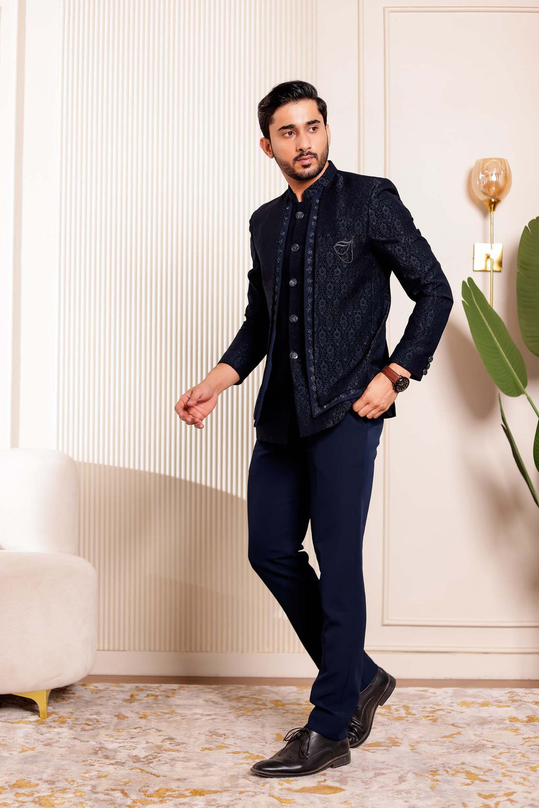 Navy Blue Brocade Silk 3pcs Style Jodhpuri Suit.