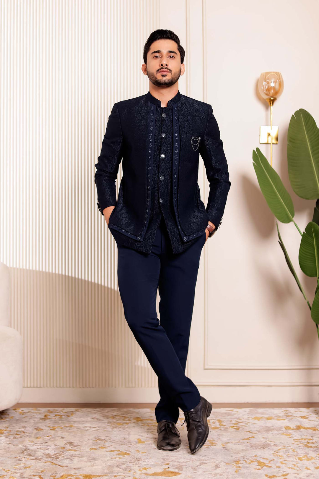 Navy Blue Brocade Silk 3pcs Style Jodhpuri Suit.