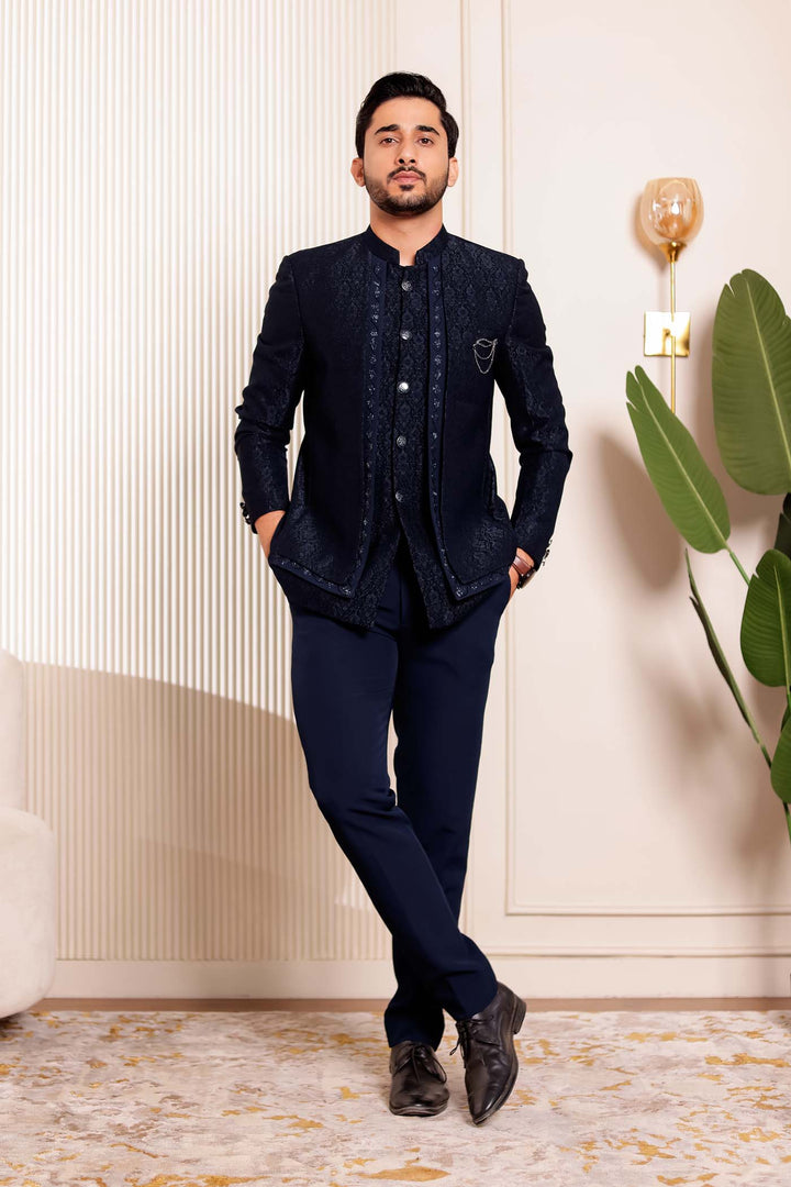 Navy Blue Brocade Silk 3pcs Style Jodhpuri Suit.