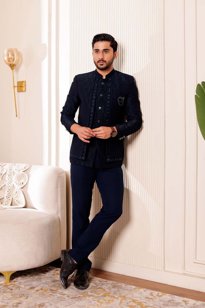 Navy Blue Brocade Silk 3pcs Style Jodhpuri Suit.