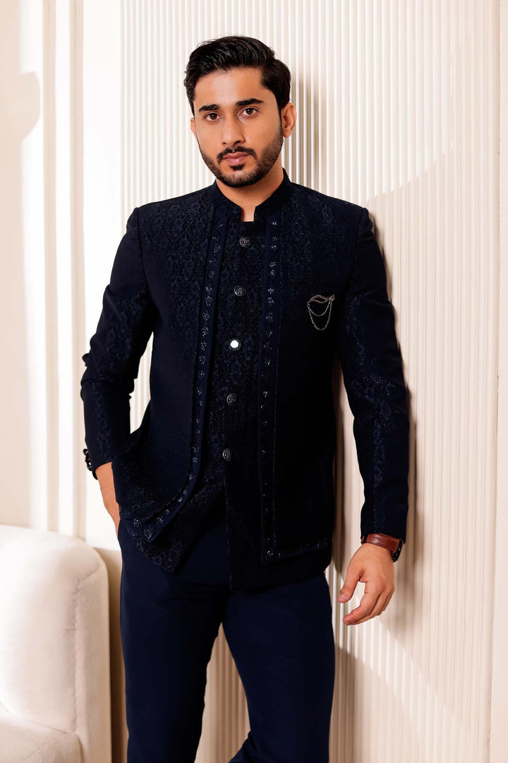 Navy Blue Brocade Silk 3pcs Style Jodhpuri Suit.