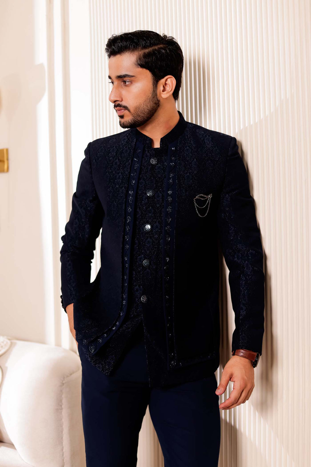 Navy Blue Brocade Silk 3pcs Style Jodhpuri Suit.