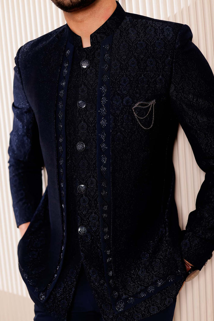 Navy Blue Brocade Silk 3pcs Style Jodhpuri Suit.