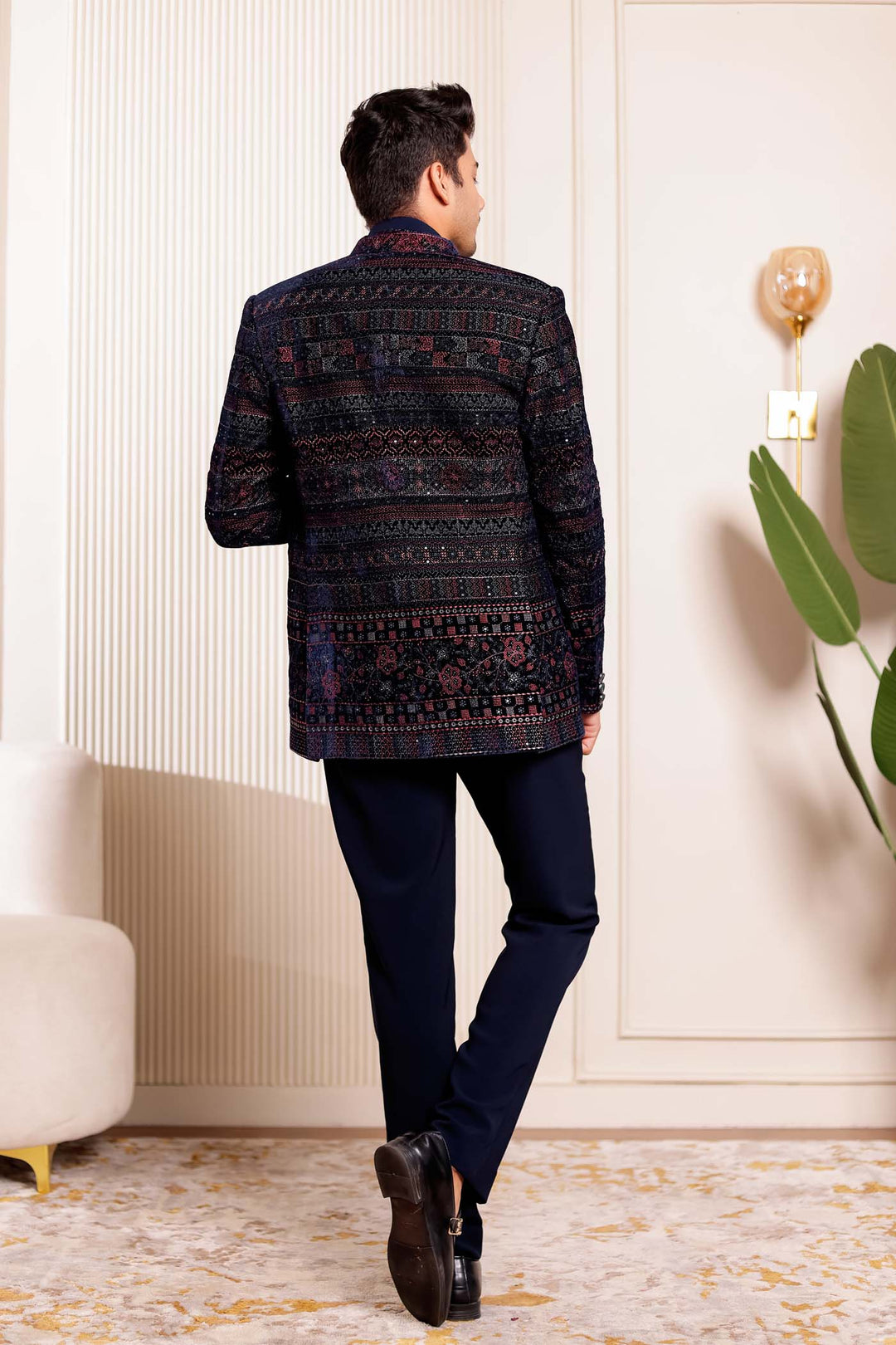 Navy Blue Velvet Open Jacket Style Jodhpuri Suit.