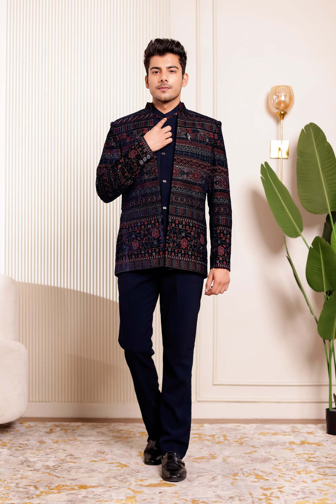 Navy Blue Velvet Open Jacket Style Jodhpuri Suit.