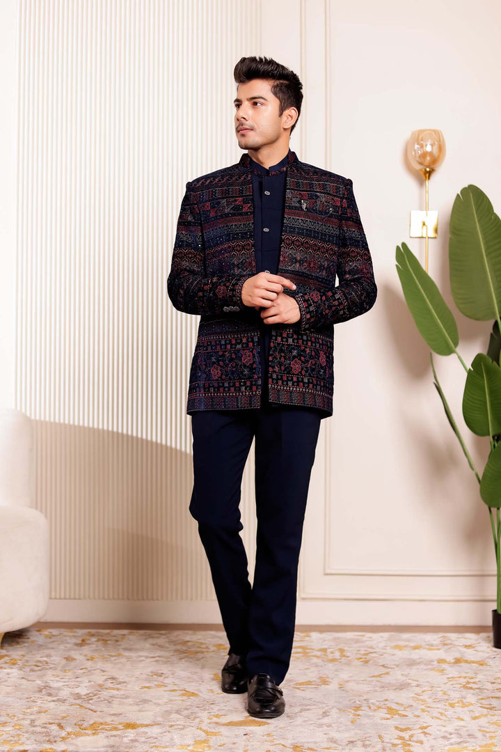 Navy Blue Velvet Open Jacket Style Jodhpuri Suit.
