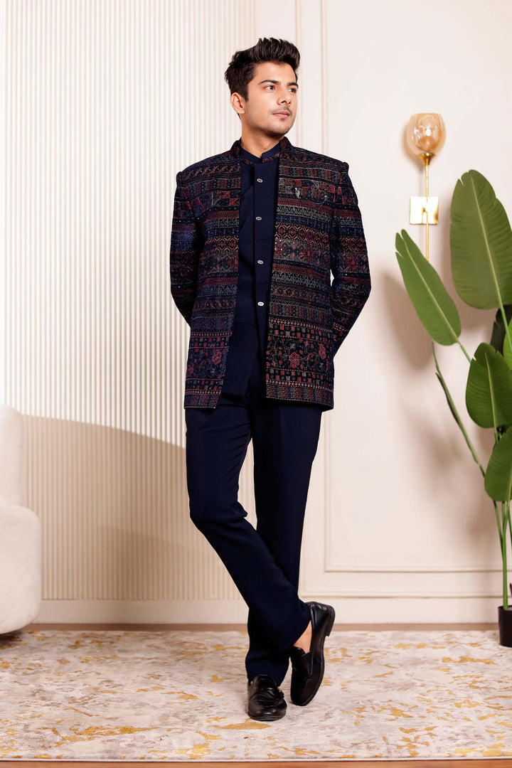 Navy Blue Velvet Open Jacket Style Jodhpuri Suit.