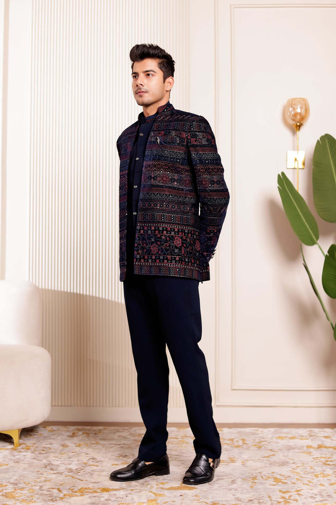 Navy Blue Velvet Open Jacket Style Jodhpuri Suit.