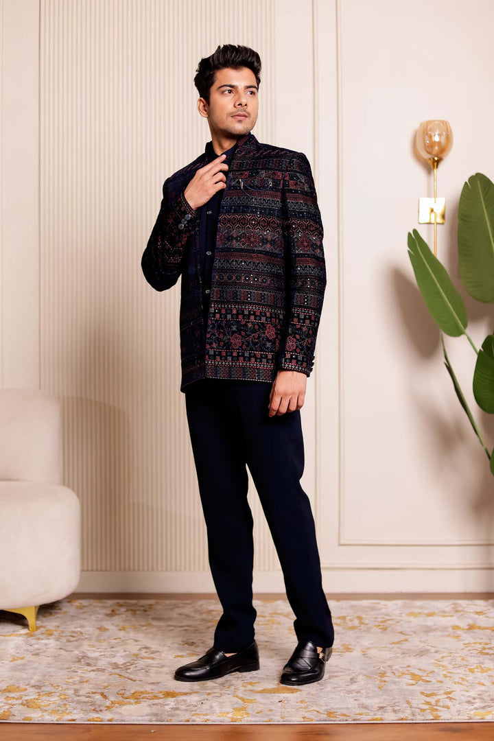 Navy Blue Velvet Open Jacket Style Jodhpuri Suit.