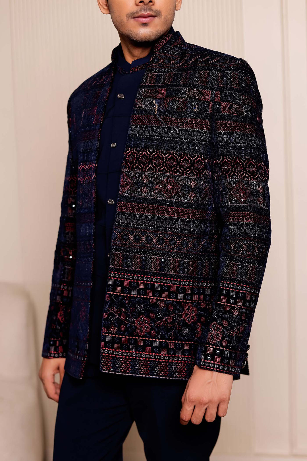 Navy Blue Velvet Open Jacket Style Jodhpuri Suit.