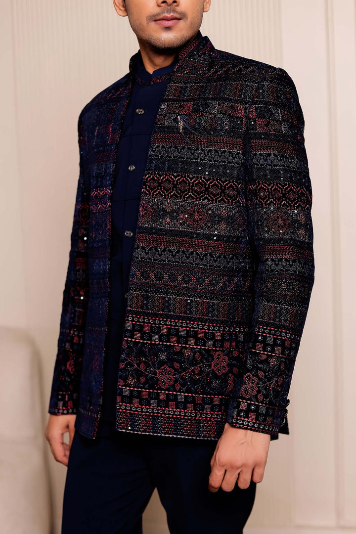 Navy Blue Velvet Open Jacket Style Jodhpuri Suit.