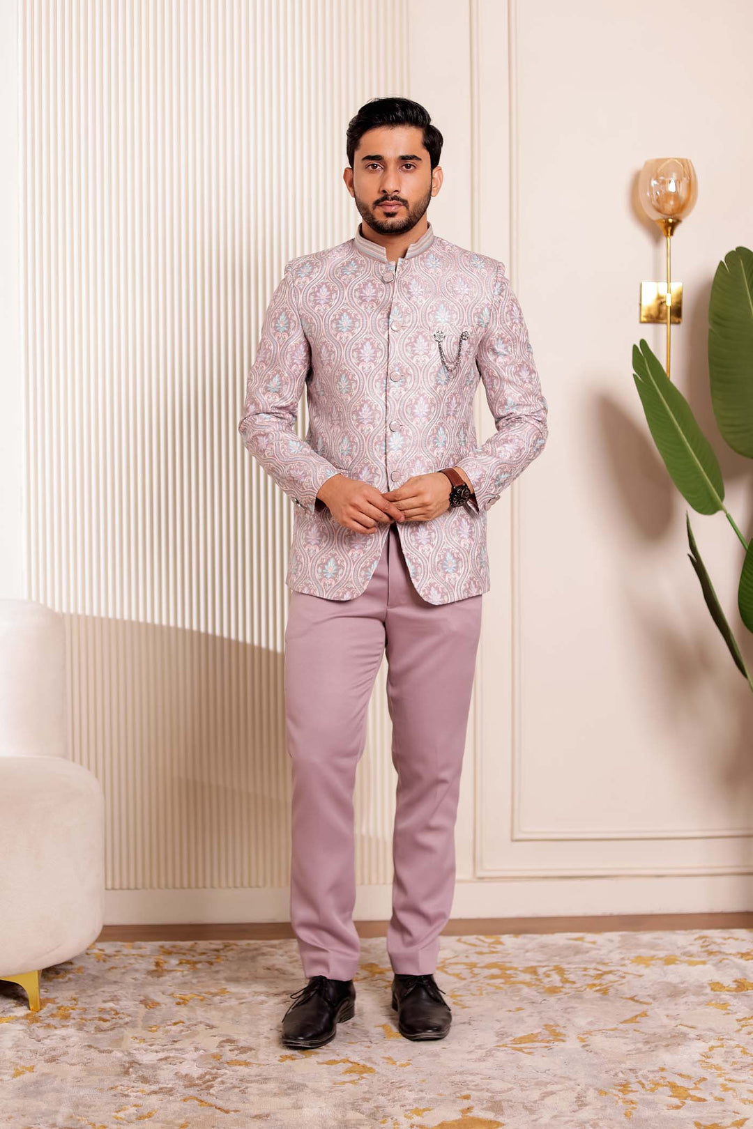 Dusty Pink Brocade Silk Jodhpuri Suit