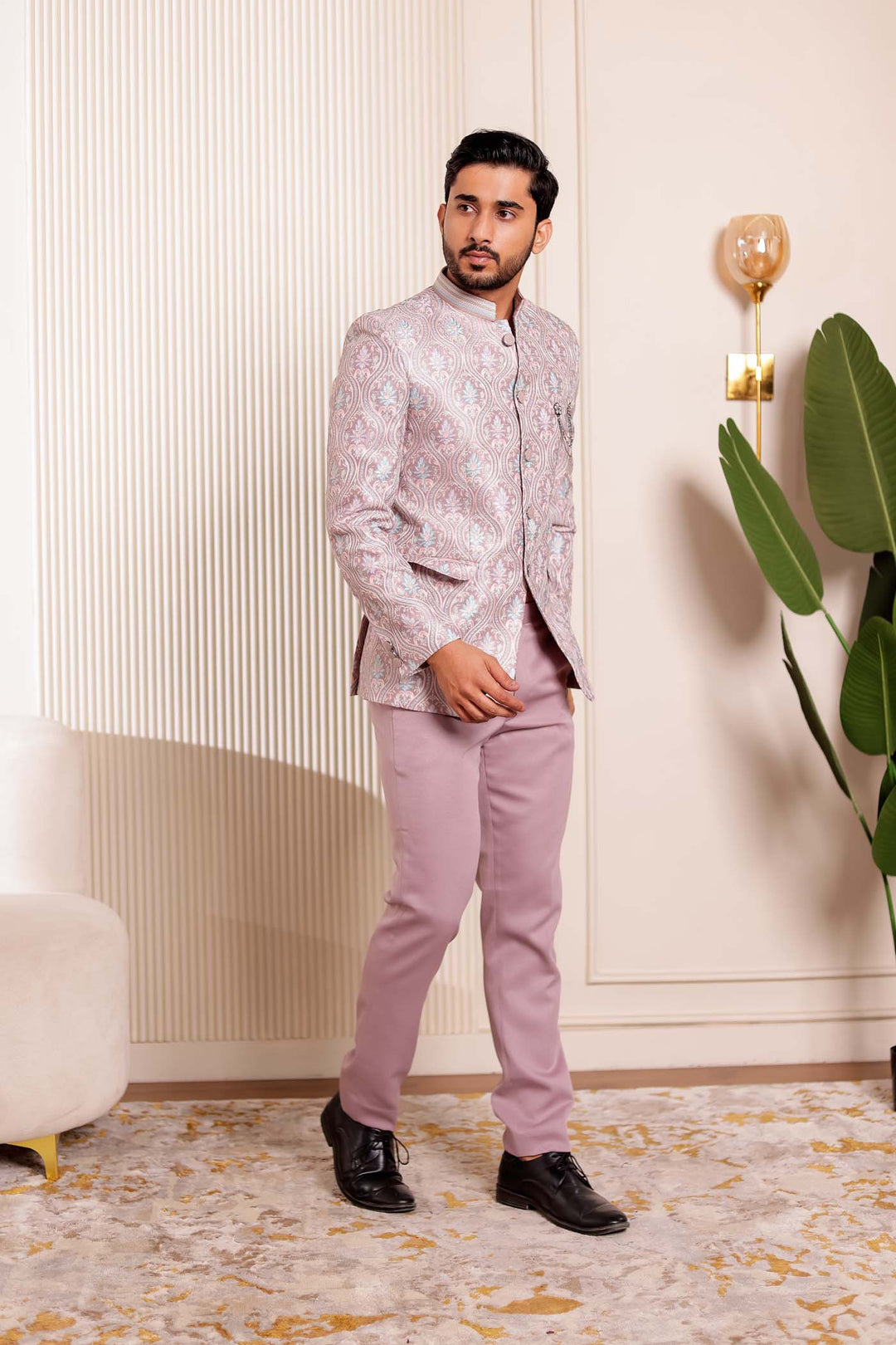 Dusty Pink Brocade Silk Jodhpuri Suit