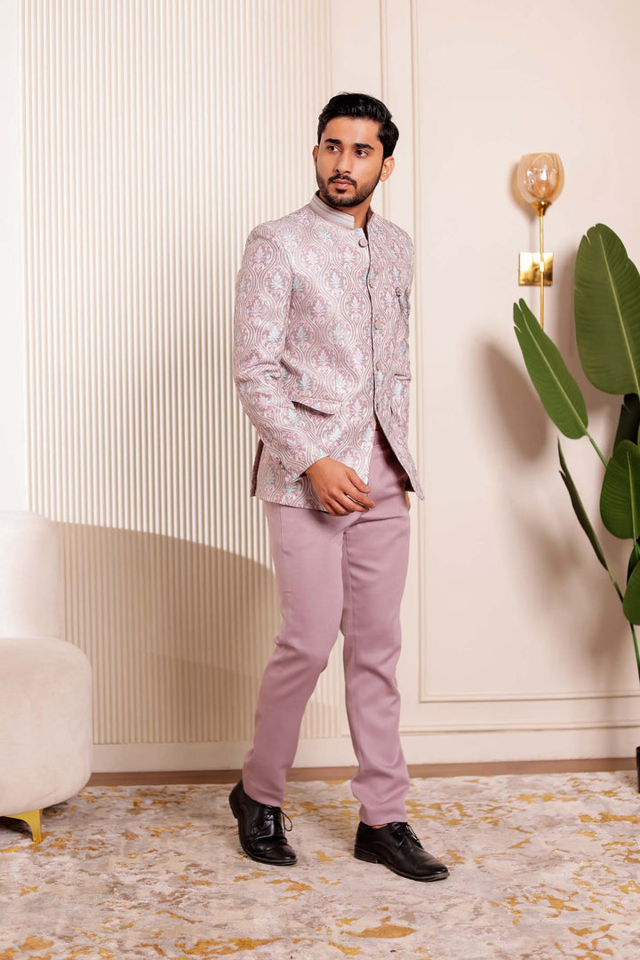 Dusty Pink Brocade Silk Jodhpuri Suit