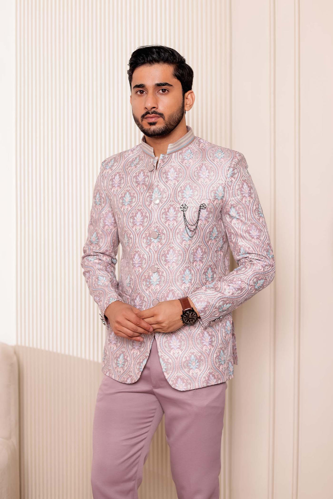 Dusty Pink Brocade Silk Jodhpuri Suit