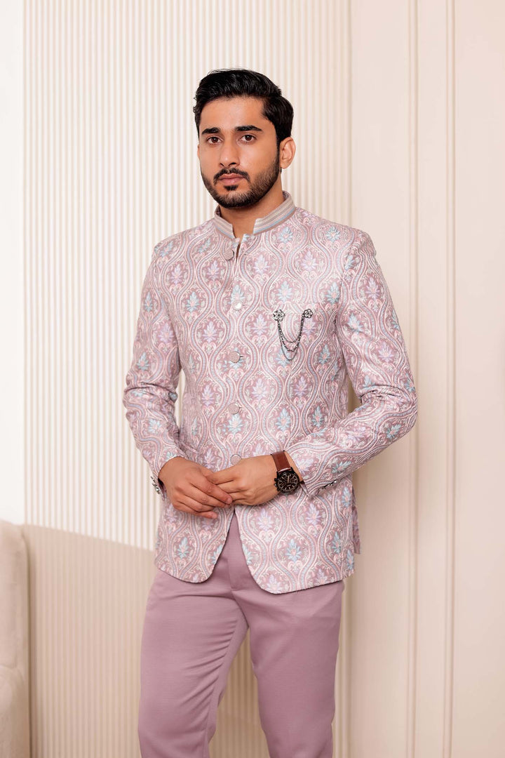 Dusty Pink Brocade Silk Jodhpuri Suit