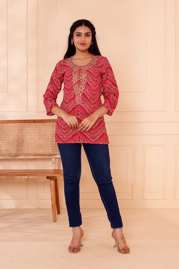 Rani Pink Soft Rayon Bandhani Print Short Kurti Top.