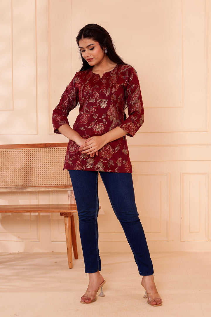 Maroon Floral Print Rayon Short Kurti Top.