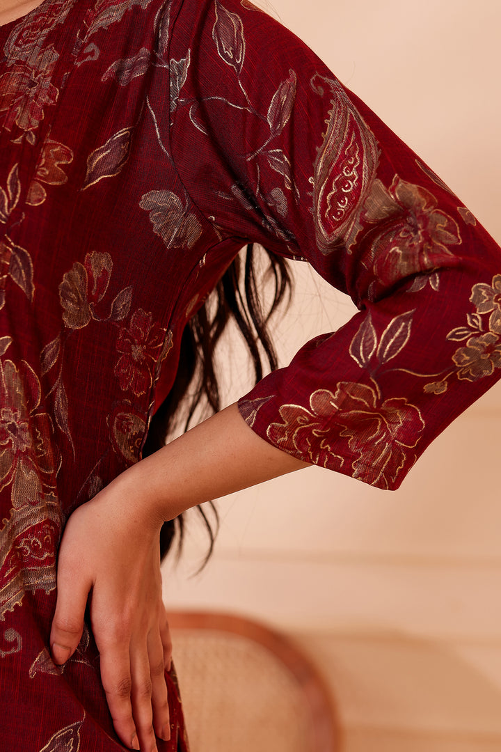 Maroon Floral Print Rayon Short Kurti Top.