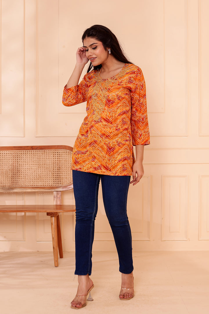 Mustard Soft Rayon Bandhani Print Short Kurti Top.