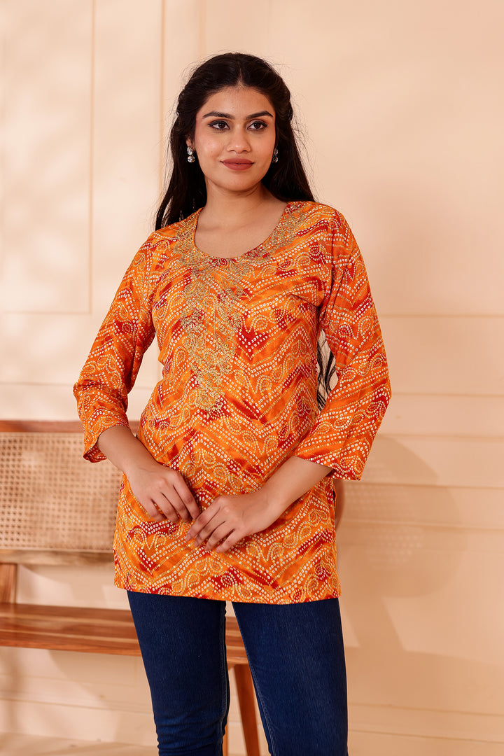 Mustard Soft Rayon Bandhani Print Short Kurti Top.