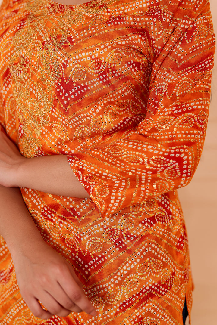 Mustard Soft Rayon Bandhani Print Short Kurti Top.