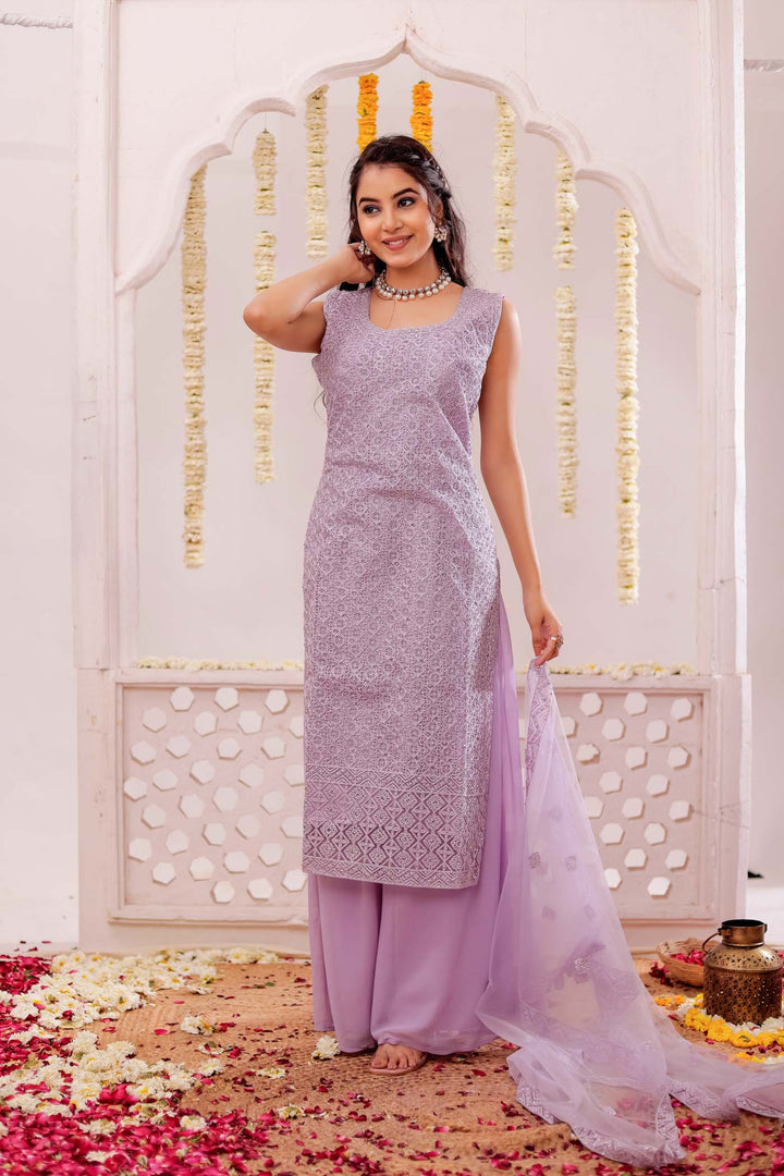 Lilac Net Embroidery Palazzo Suit