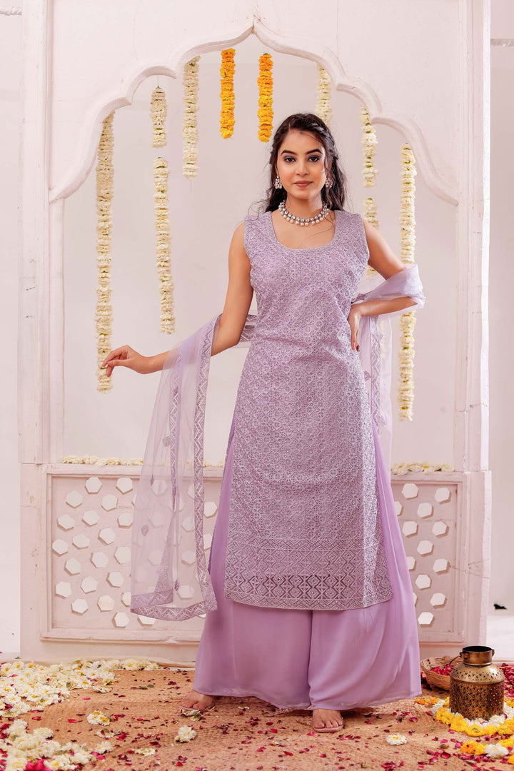 Lilac Net Embroidery Palazzo Suit