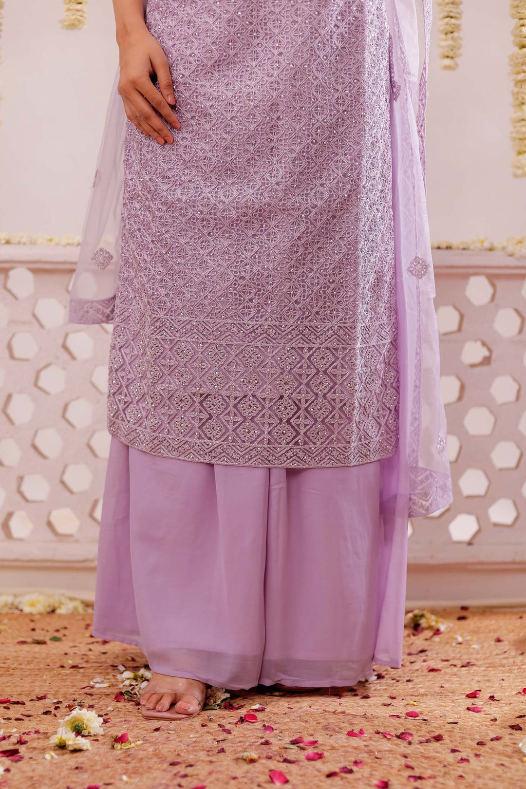 Lilac Net Embroidery Palazzo Suit