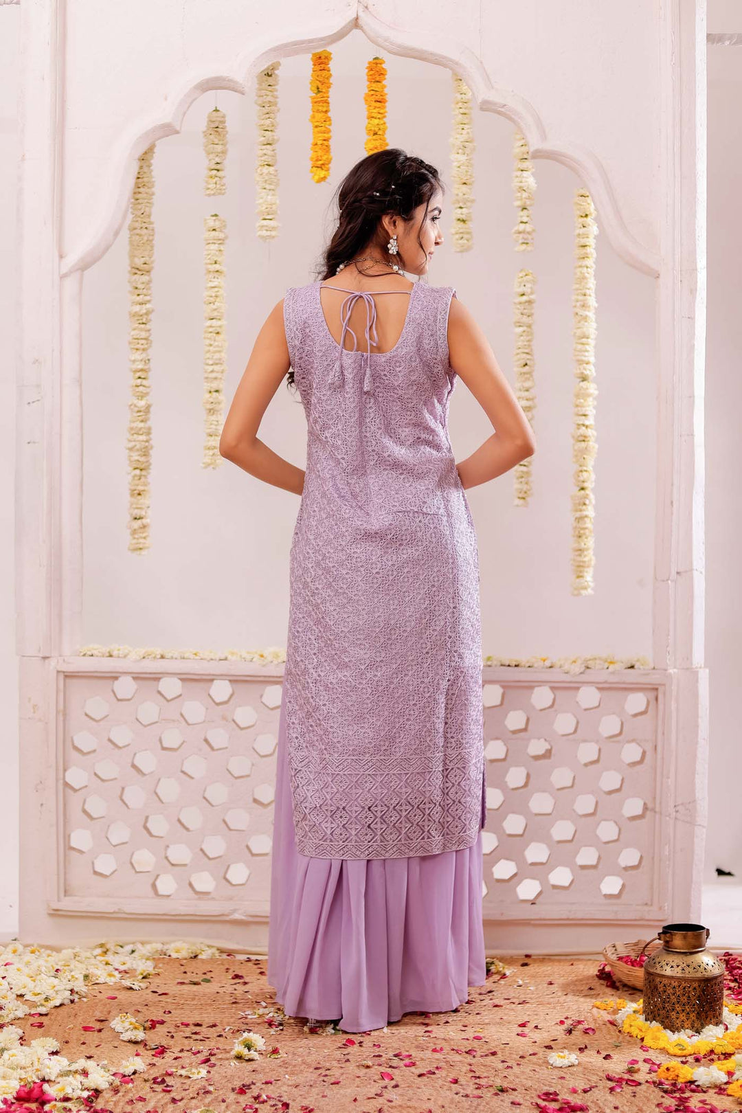 Lilac Net Embroidery Palazzo Suit
