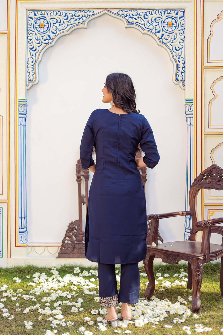 Navy Blue Soft Silk Straight Cut Kurta Set