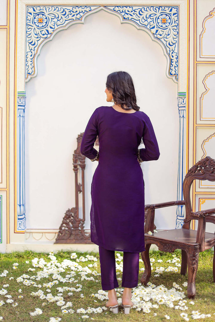 Dark Purple Straight Cut Raw Silk Kurta Set.