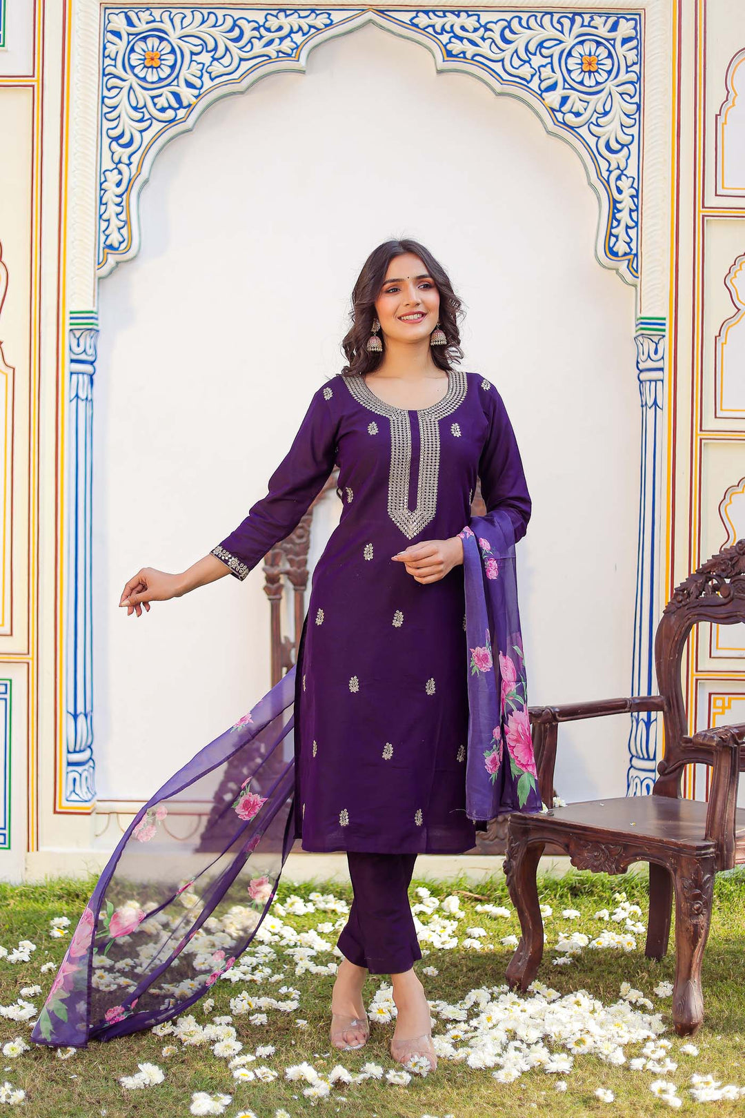 Dark Purple Straight Cut Raw Silk Kurta Set.