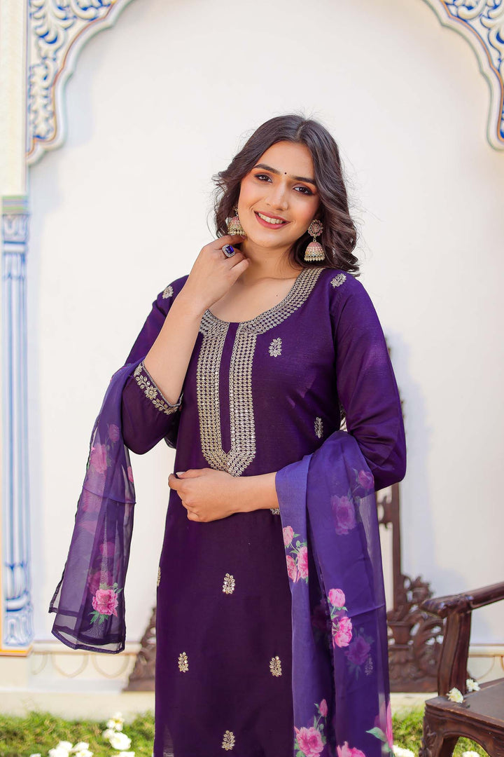 Dark Purple Straight Cut Raw Silk Kurta Set.